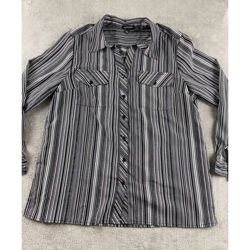 NOTATIONS Women Black Gray White Stripe Button Up Shirt Long Sleeve Size L - Picture 2 of 11